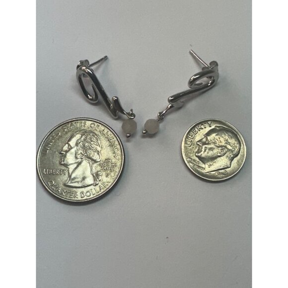 Estate Sterling Silver 925 Abstract Zig Zag Earrings with Dangle White Beads - Picture 6 of 8